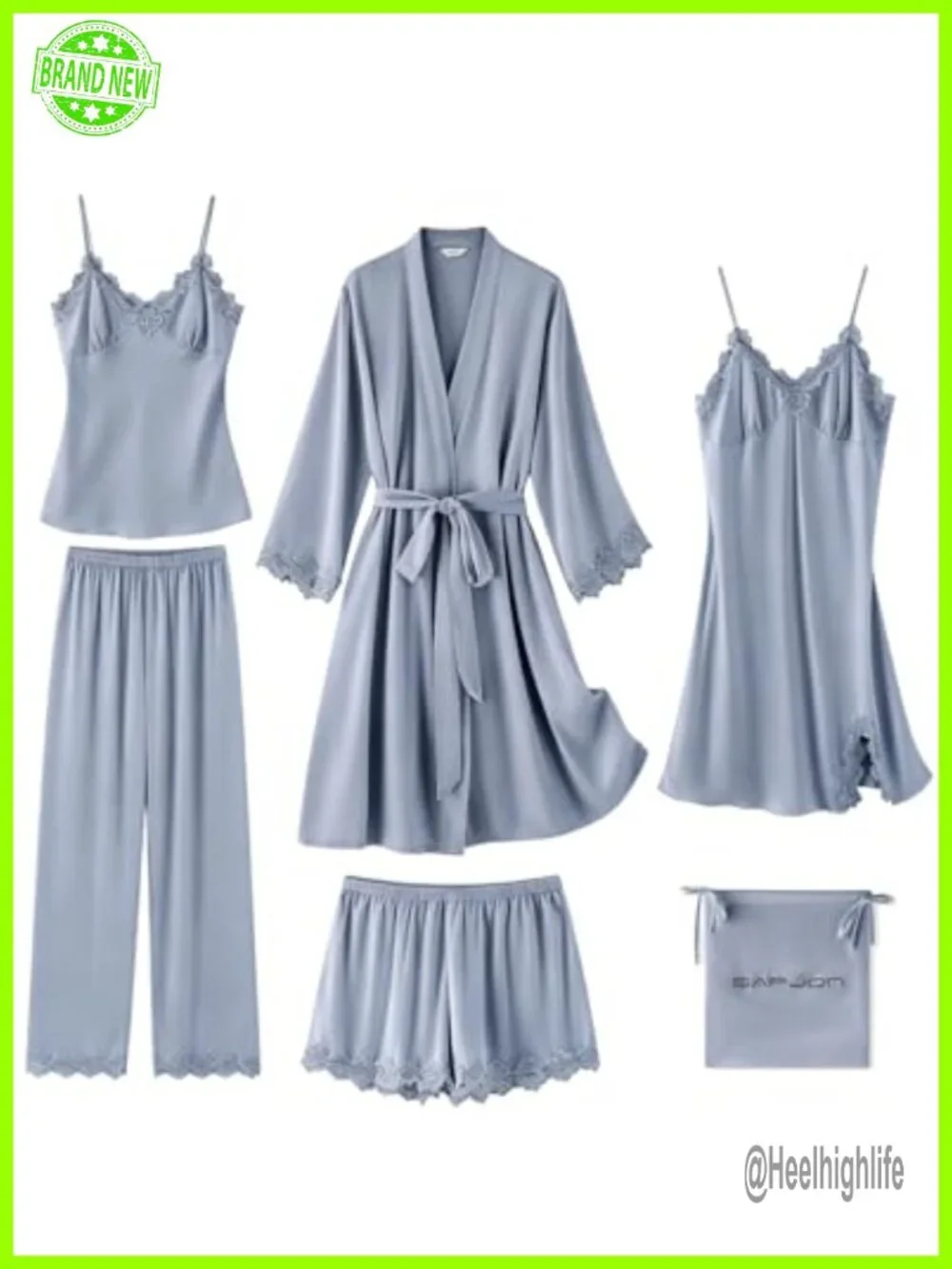 Satin Pajama Set 6-Piece Silky Loungewear Womens Sleepwear Cami Shorts Robe